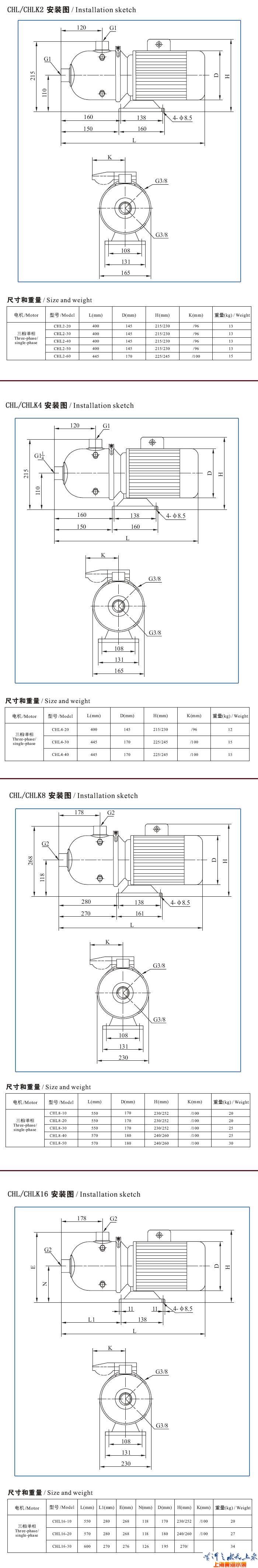 CHL,CHLK轻型不锈钢多级离心泵（安装尺寸）